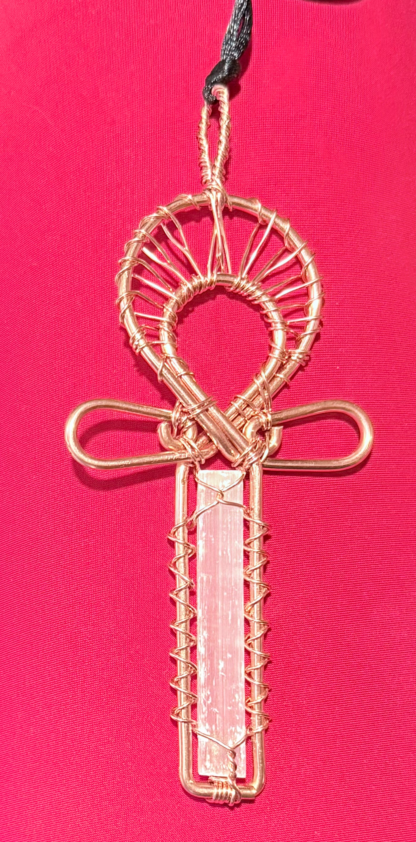 Selenite “Blade” Crystal Copper Ankh Pendant