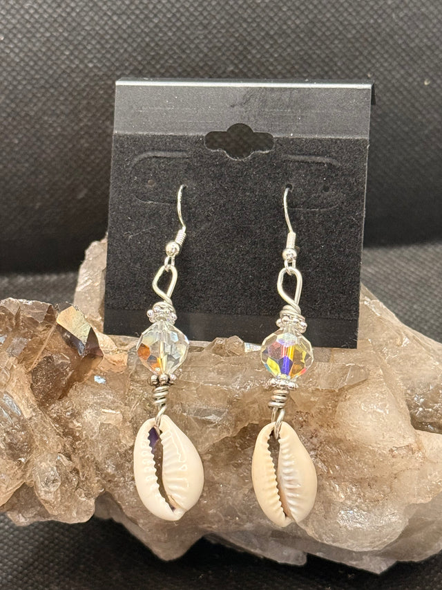 Swarovski Crystal and Cowrie Shell Sterling Silver Hook Earrings