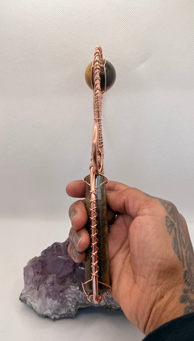 Tigers Eye Wand and Sphere Copper Handheld Ankh