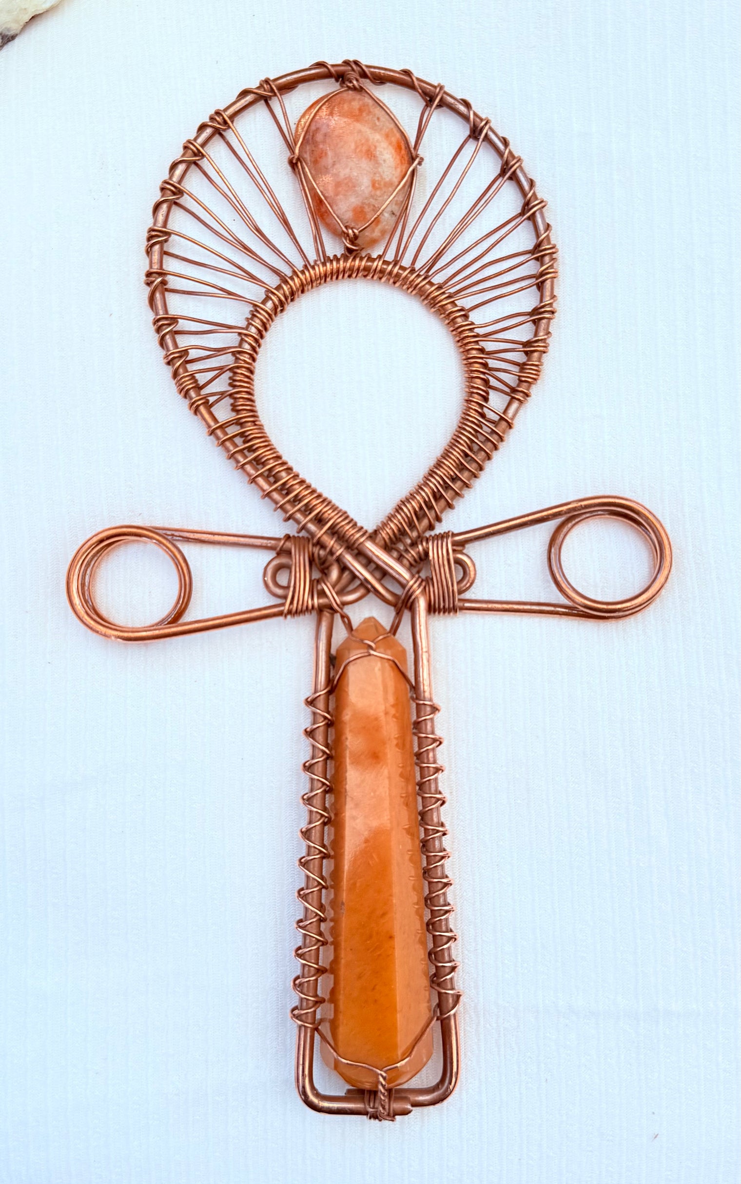 Yellow calcite sunstone ankh copper 9 x5 inches 