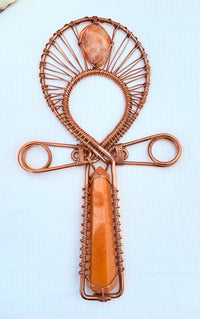 Yellow calcite sunstone ankh copper 9 x5 inches 