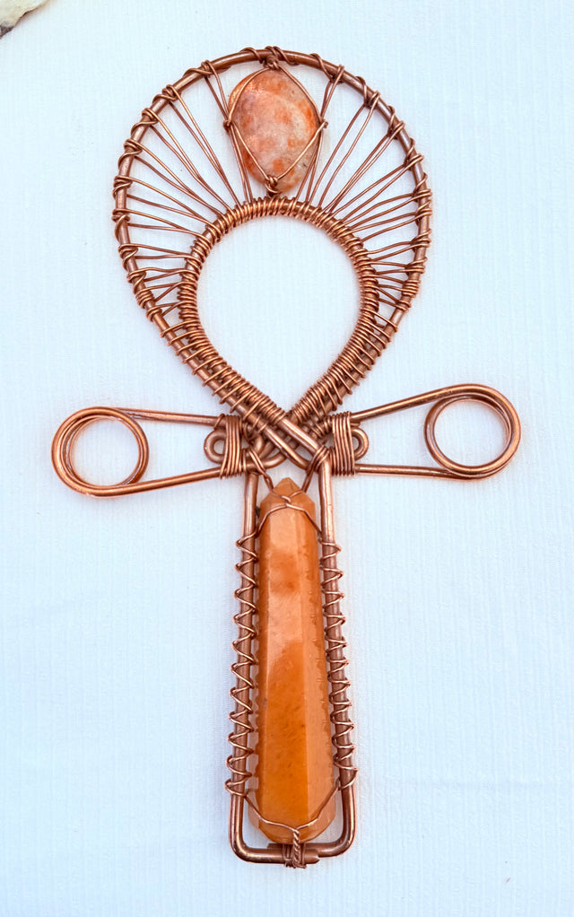 Yellow calcite sunstone ankh copper 9 x5 inches 