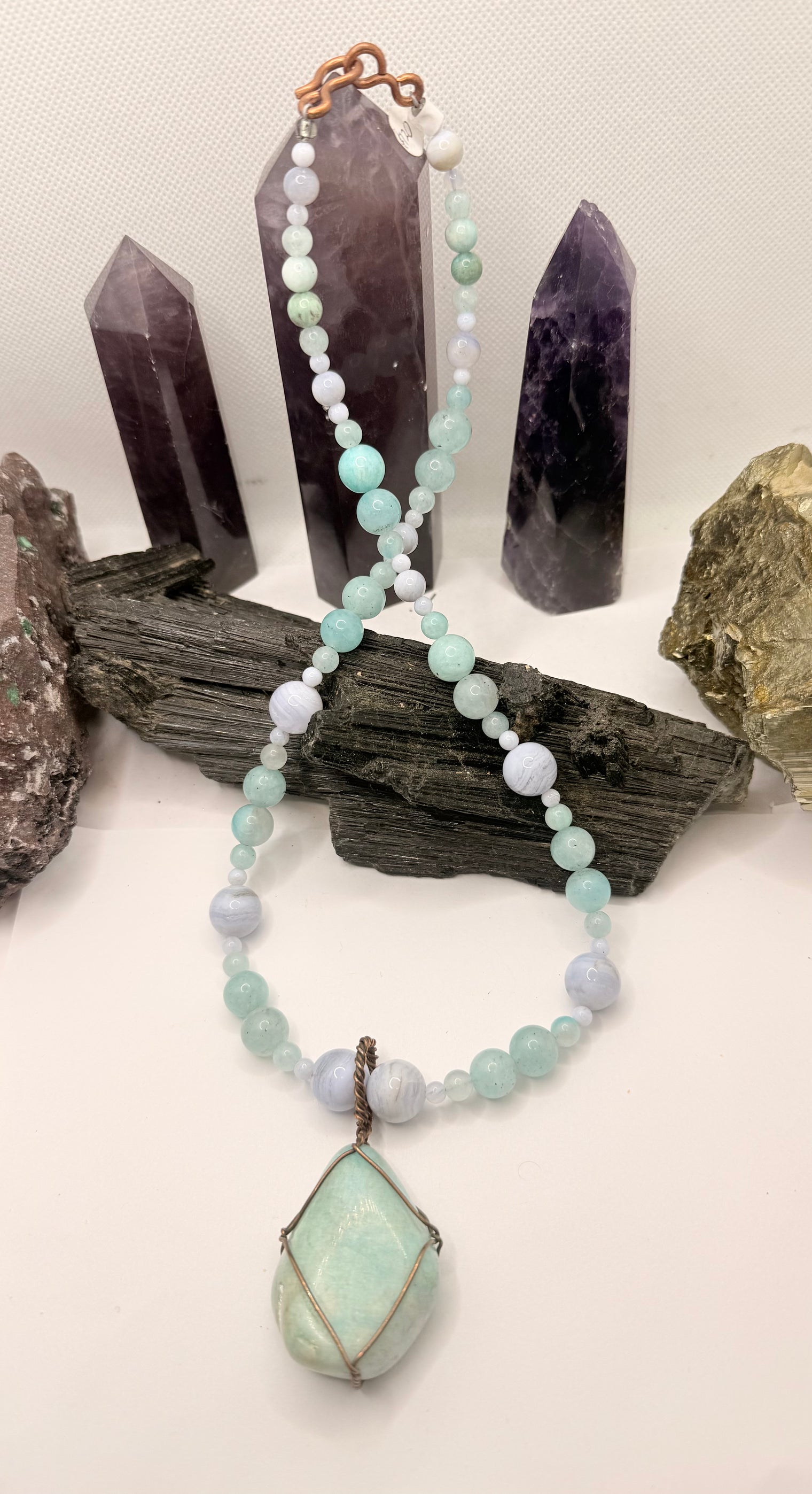 Blue Lace Agate with Amazonite Necklace and Amazonite Copper Wirewrapped Pendant 22 Inches