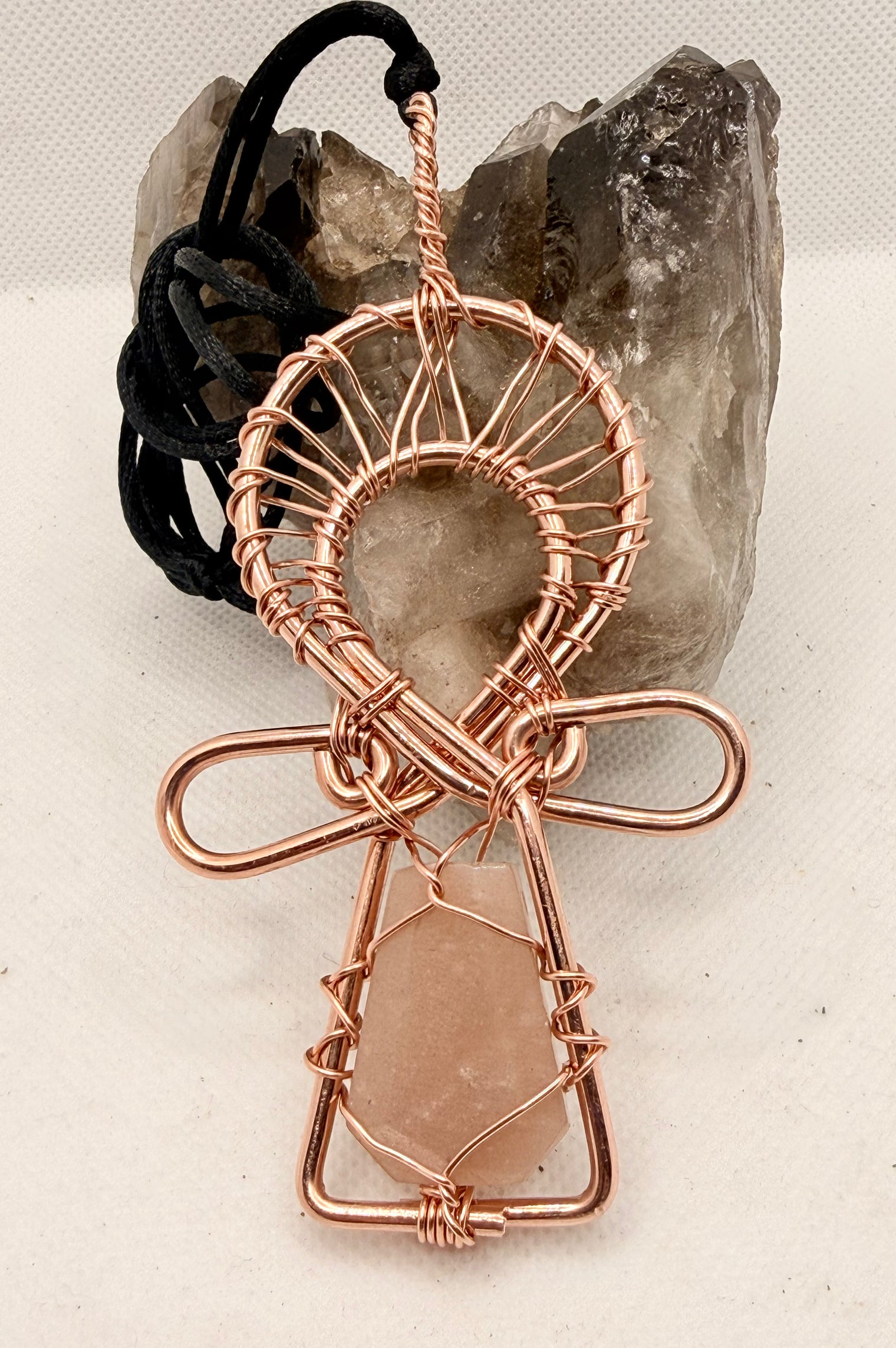 Moonstone Faceted Teardrop Copper Ankh Pendant
