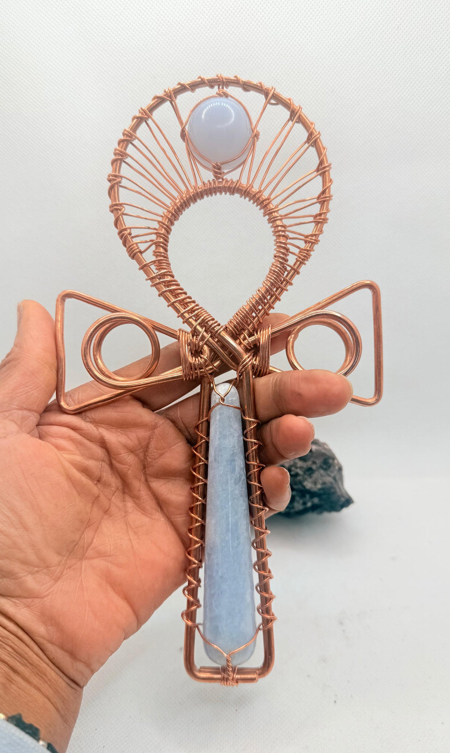 Blue Calcite and Blue Chalchedony EMF Protection Handheld Ankh