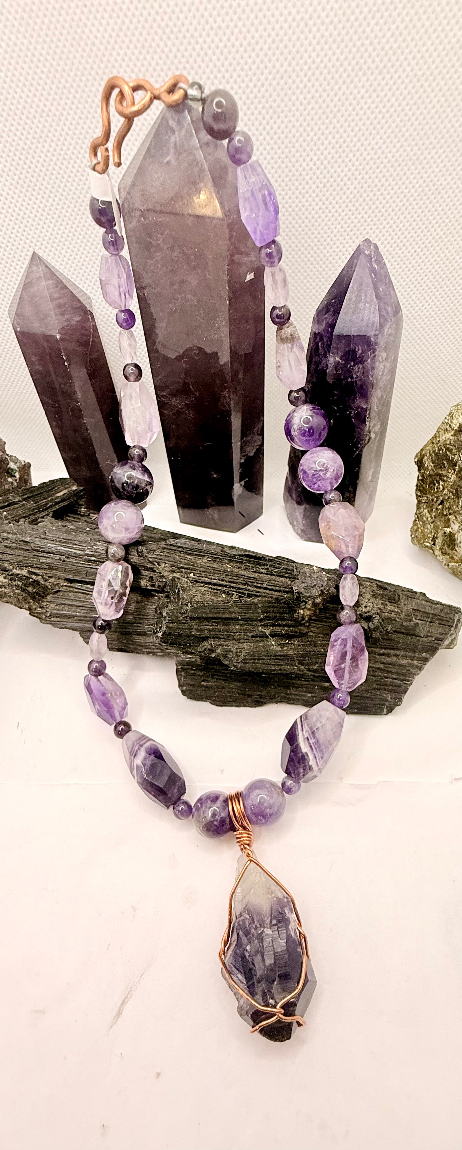 Amethyst Beaded Necklace with Copper Wirewrapped Amethyst Crystal Pendant 18 inches