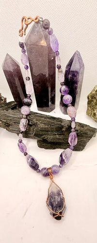 Amethyst Beaded Necklace with Copper Wirewrapped Amethyst Crystal Pendant 18 inches