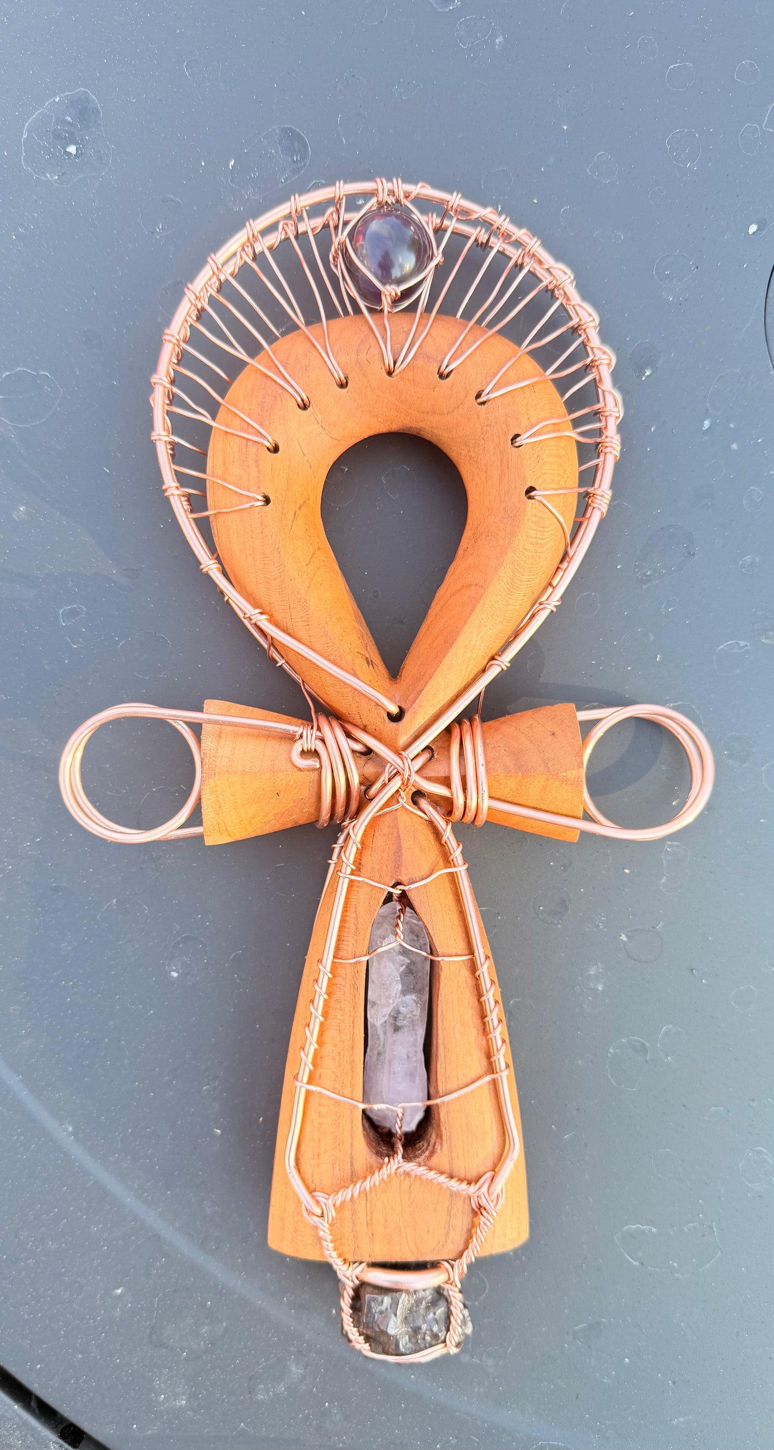 Wood Carved Double Terminated Vera Cruz Amethyst and Prophecy Stone Handheld Copper Ankh