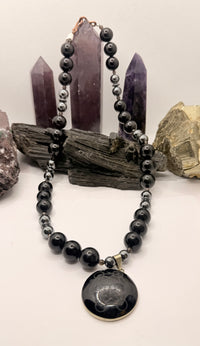 Black Obsidian and Hematite with Smoky Quartz Beaded Necklace with Black Obsidian Metatron Cube Sacred Geometry Pendant ~22 inches