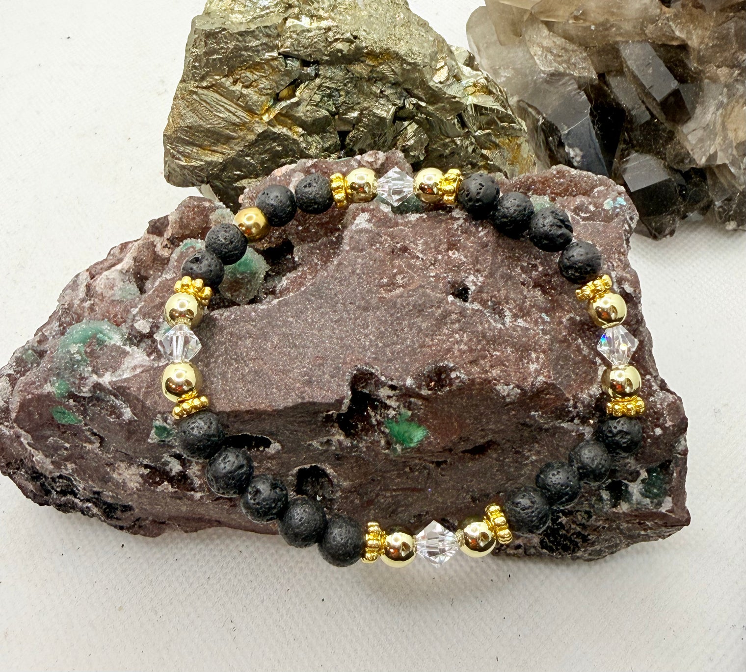 Black Lava Rock Stretchy Bracelet with Swarovski Crystals