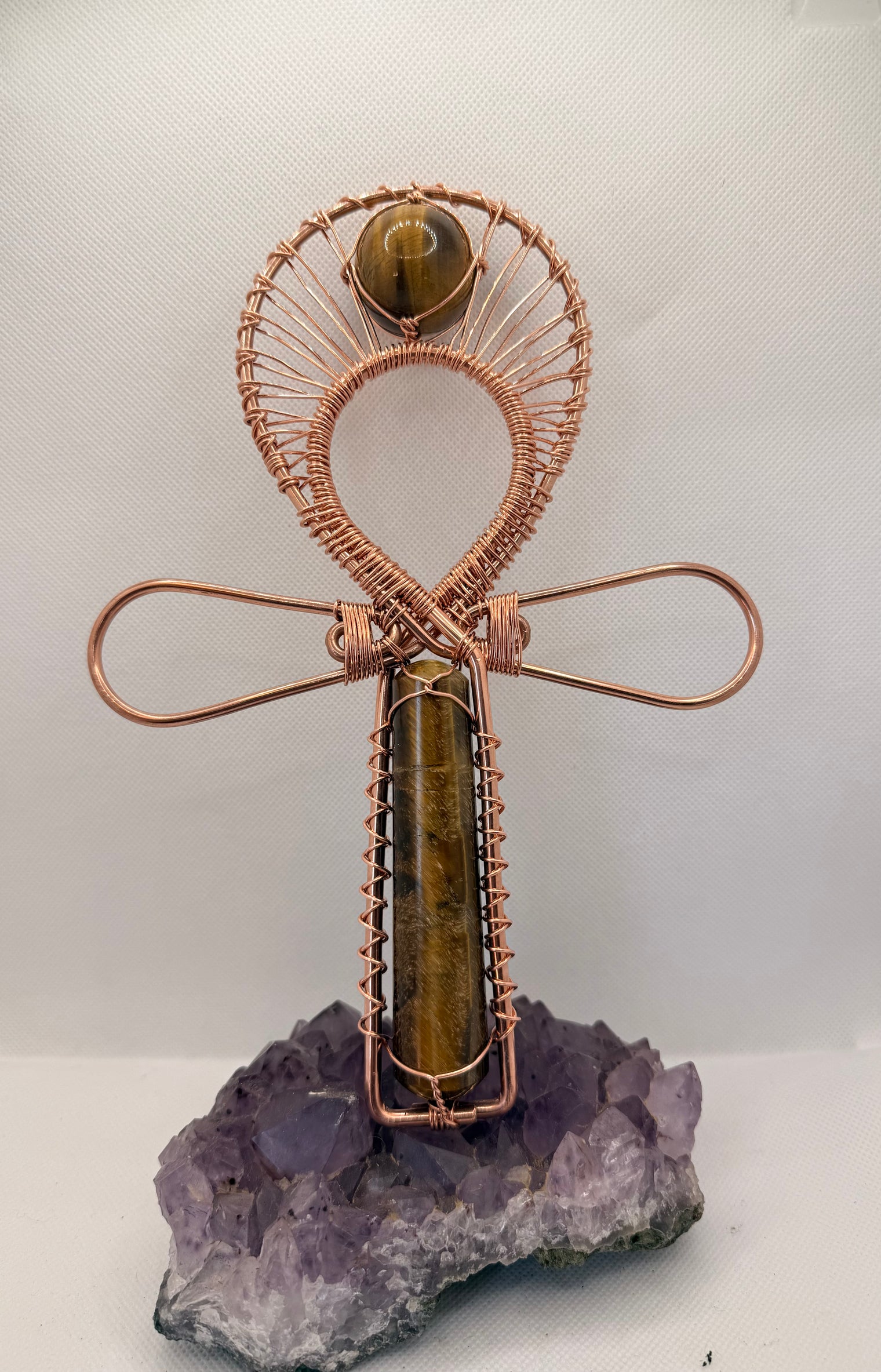 Tigers Eye Wand and Sphere Copper Handheld Ankh