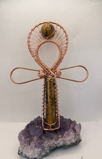 Tigers Eye Wand and Sphere Copper Handheld Ankh