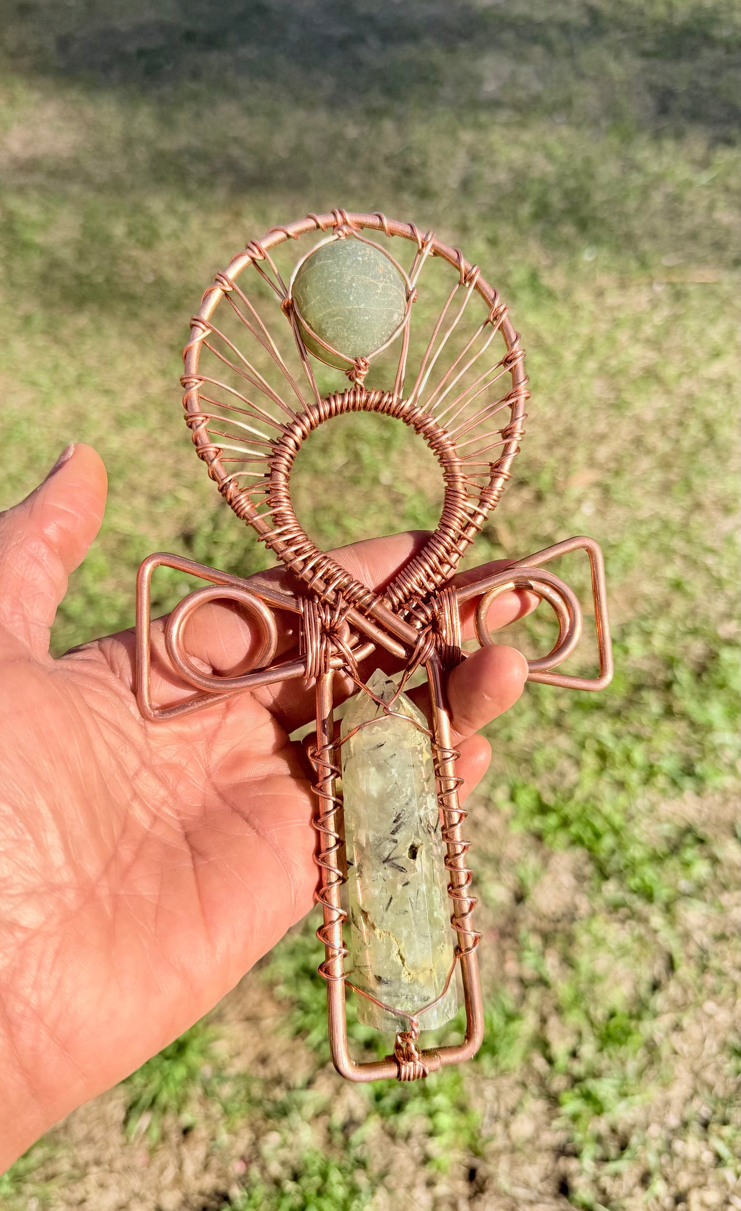 Prehnite Copper Crystal Handheld Ankh