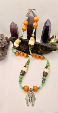African Amber and Chrysoprase with King Tut Pendant Necklace ~28 Inches