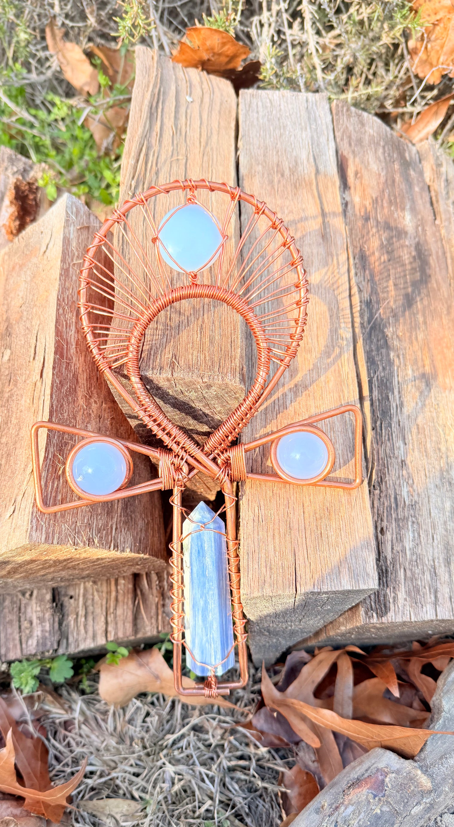 Blue Kyanite and Blue Chalcedony Copper Handheld Ankh