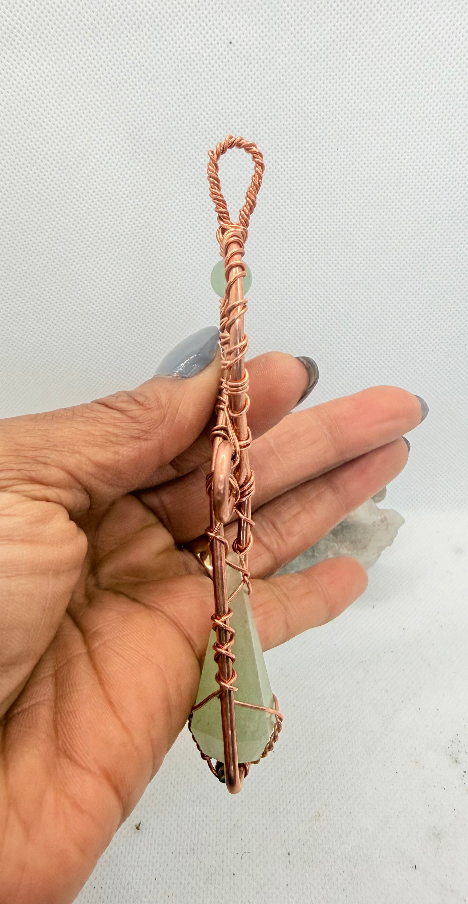 Green Aventurine Wirewrapped Crystal Copper Ankh Pendant