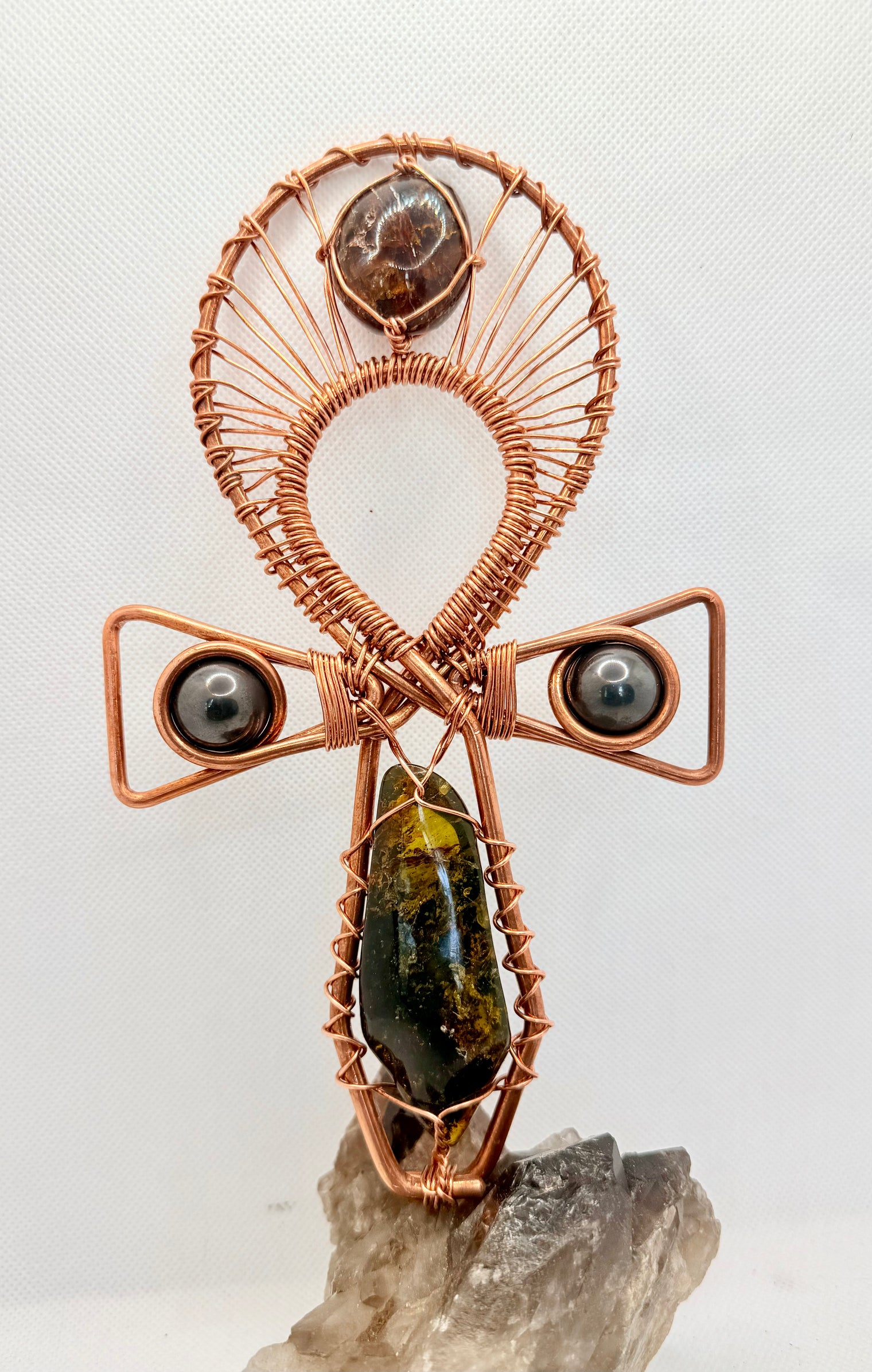 Amber and Magnetic Hematite Copper Crystal Handheld Ankh