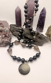 Black Obsidian and Smoky Quartz Beaded Necklace with Black Obsidian Flower of Life Sacred Geometry Pendant ~24 inches