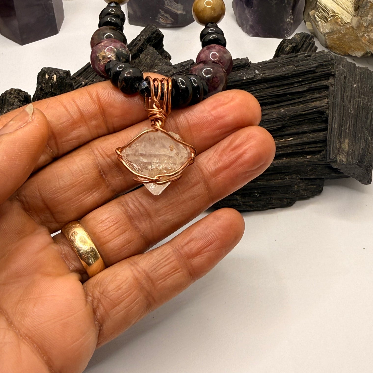Rainbow Tourmaline Black Tourmaline with Double Terminated Crystal Copper Pendant Necklace~15 Inches