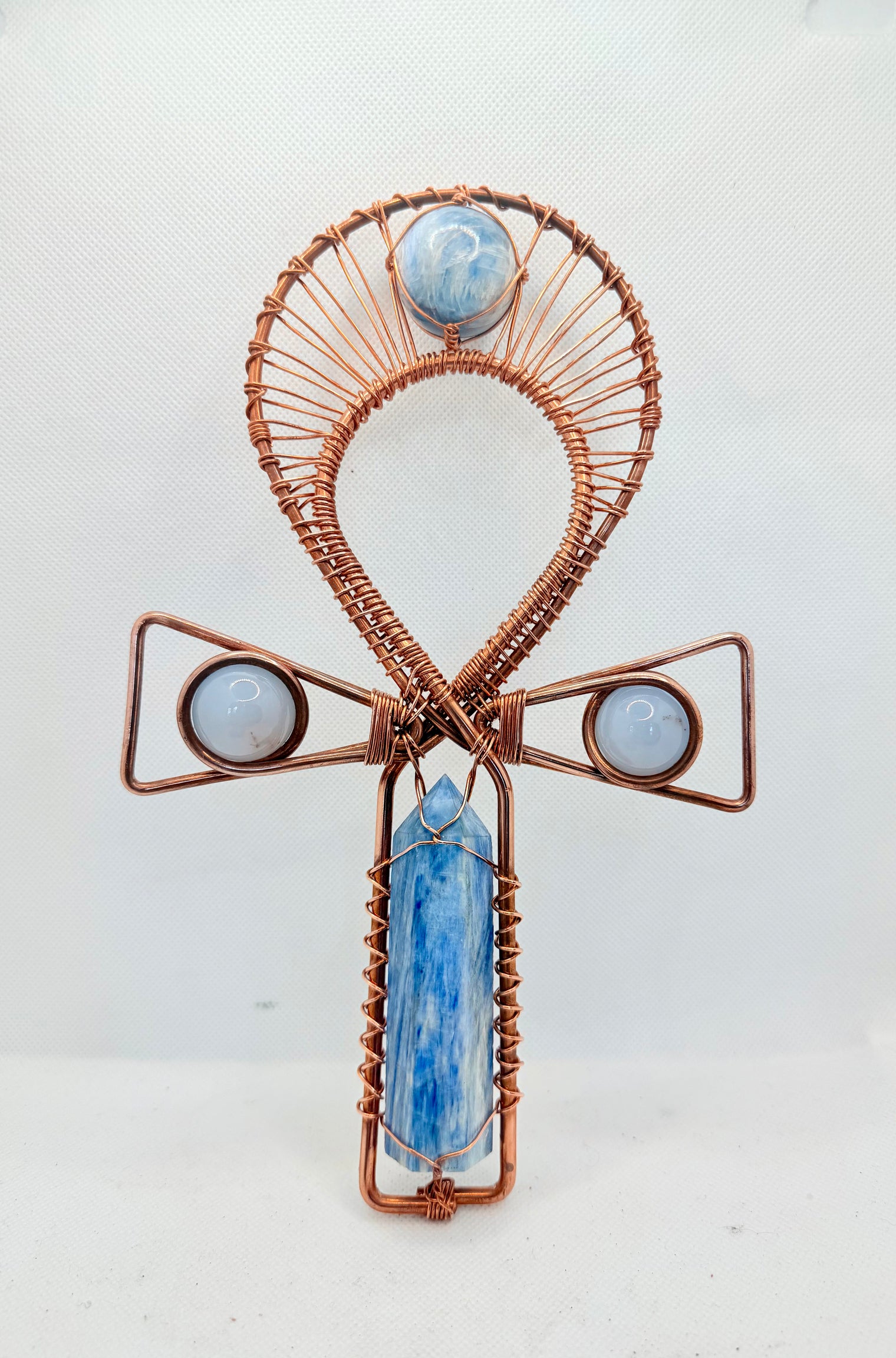 Blue Calchedony and  Blue Kyanite Copper Crystal Handheld Ankh