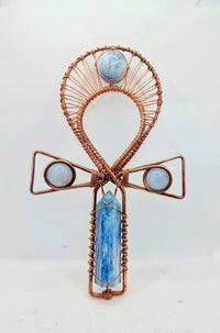 Blue Calchedony and  Blue Kyanite Copper Crystal Handheld Ankh