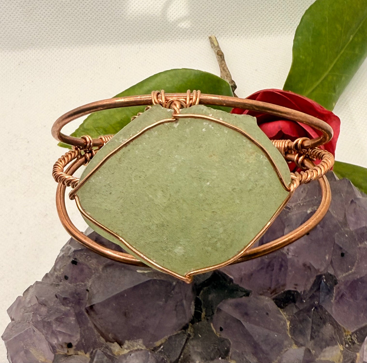 Prehnite w/Epidote Copper Wirewrapped Bracelet
