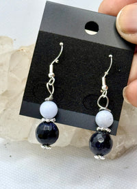 Blue Goldstone and Blue Lace Agate Sterling Silver Plated Hooks Earrings