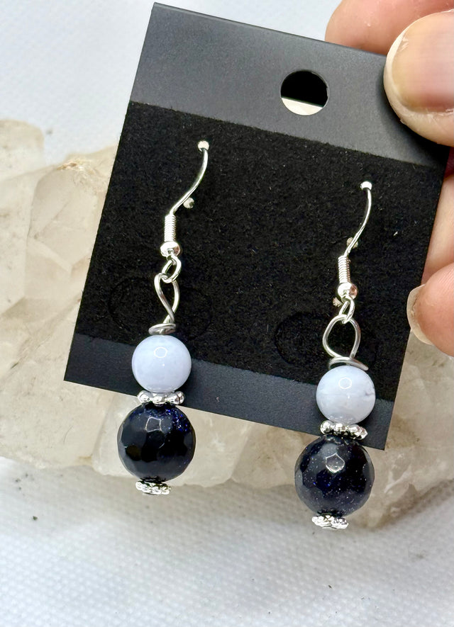 Blue Goldstone and Blue Lace Agate Sterling Silver Plated Hooks Earrings