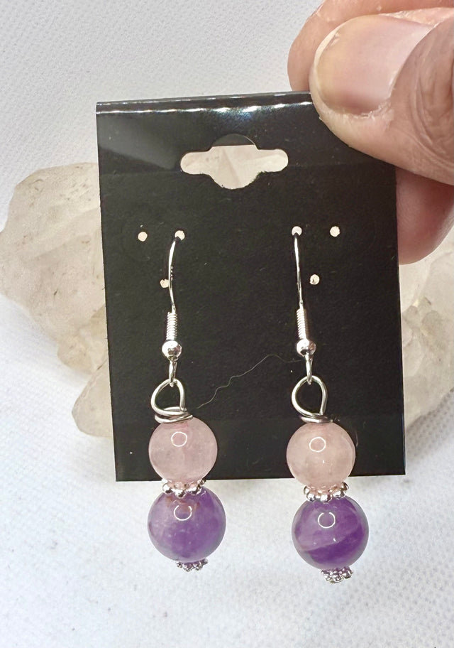Amethyst and Rose Quartz Sterling Silver Plated Hooks  Earrings