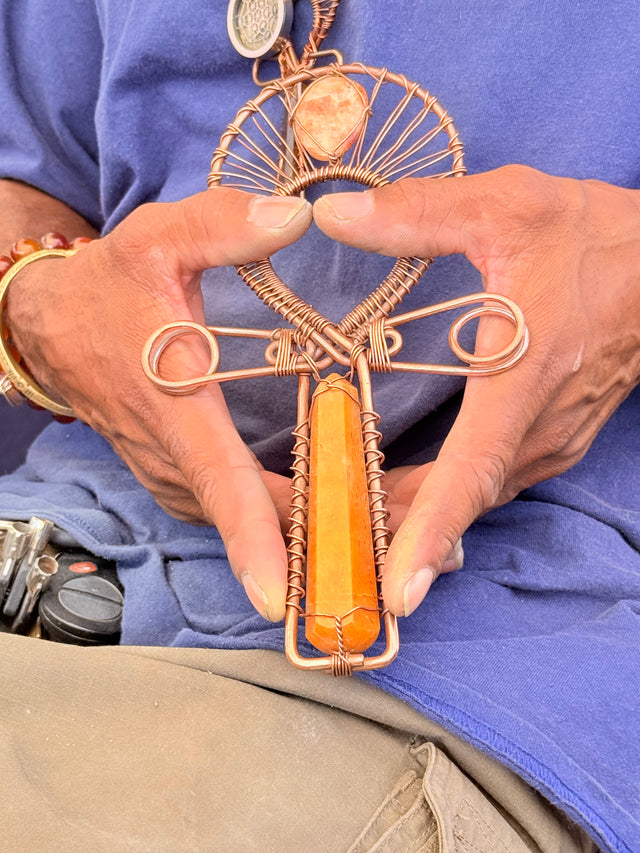 Yellow Calcite and Sunstone Copper Handheld Ankh
