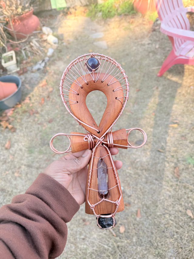 Wood Carved Double Terminated Vera Cruz Amethyst and Prophecy Stone Handheld Copper Ankh