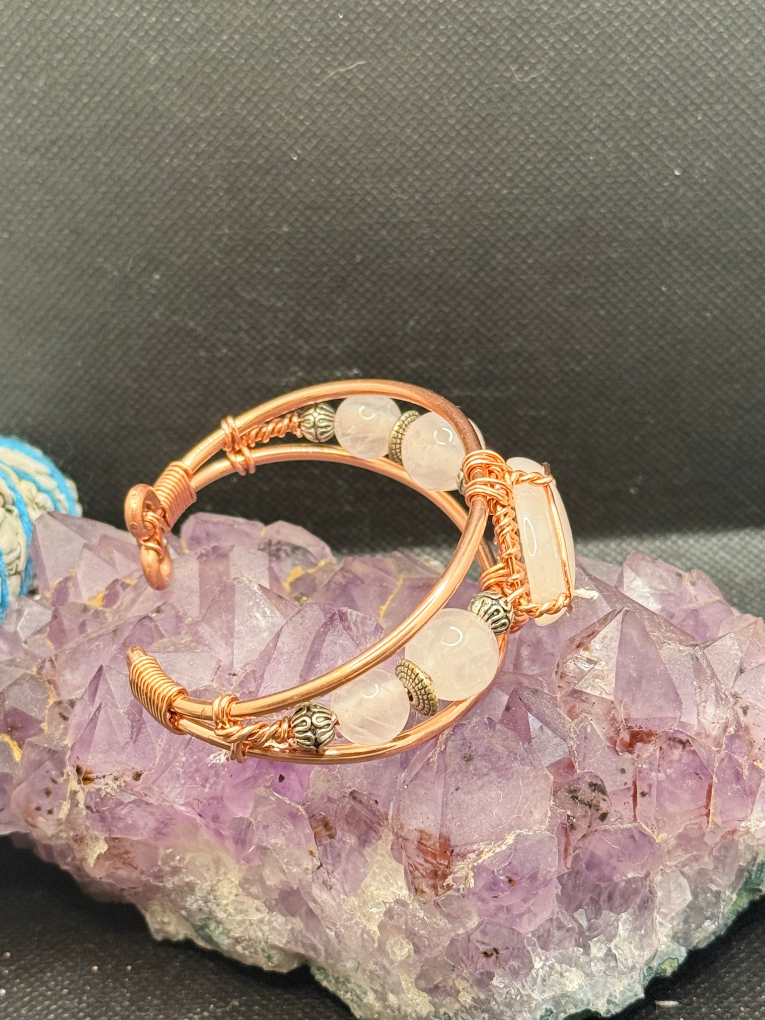 Rose Quartz with Rose Quartz Side Stones on Copper Bracelet