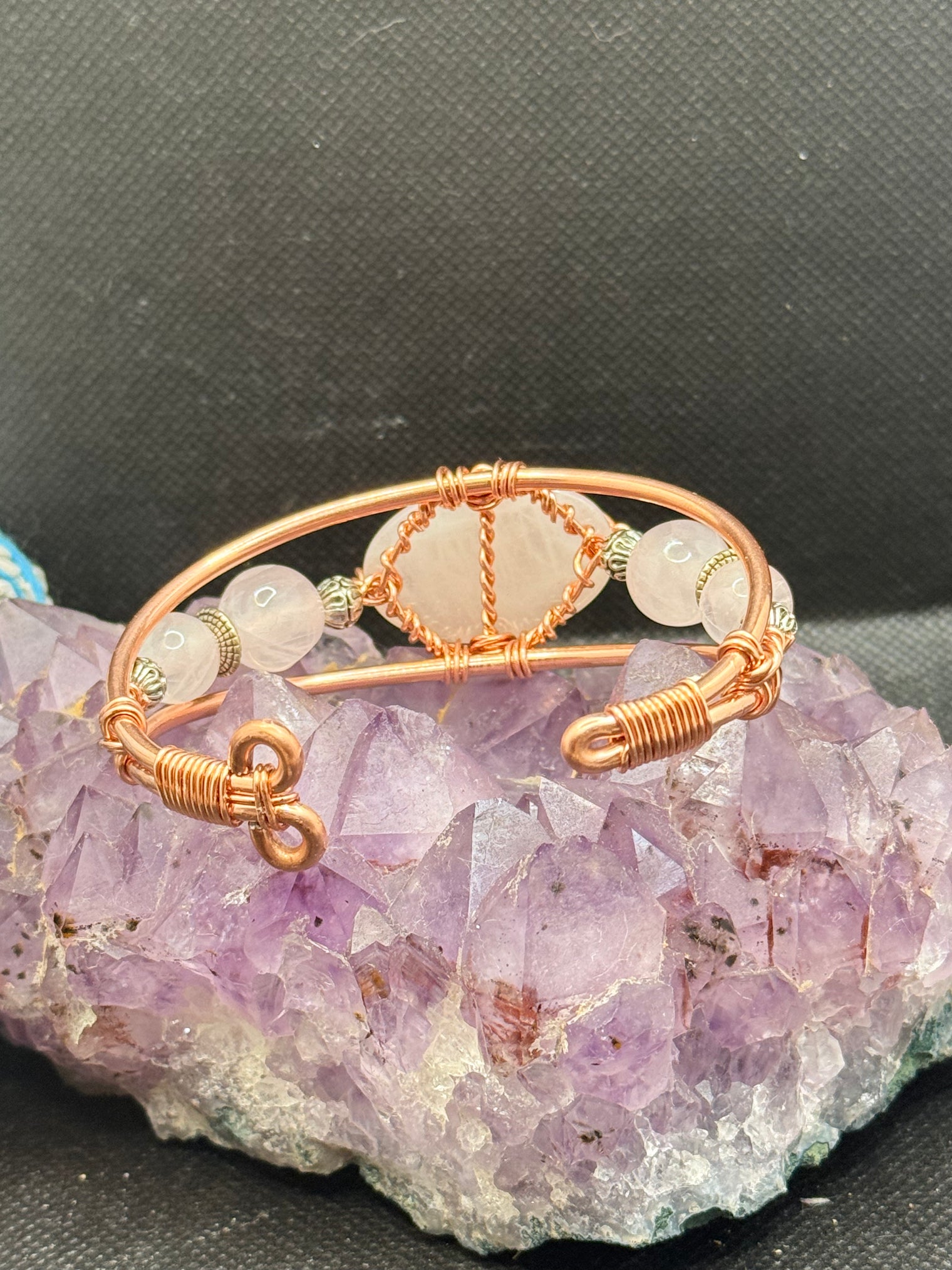 Rose Quartz with Rose Quartz Side Stones on Copper Bracelet