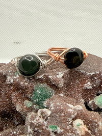 rainbow sheen obsidian copper and tin plated copper wire wrapped rings