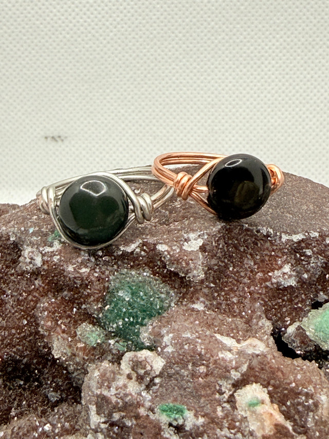 rainbow sheen obsidian copper and tin plated copper wire wrapped rings