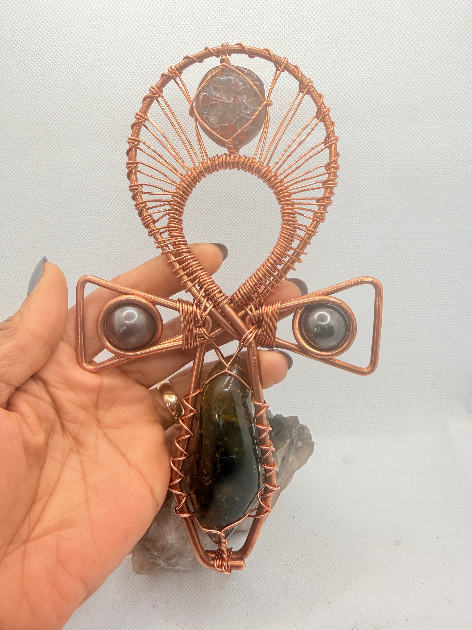 Amber and Magnetic Hematite Copper Crystal Handheld Ankh