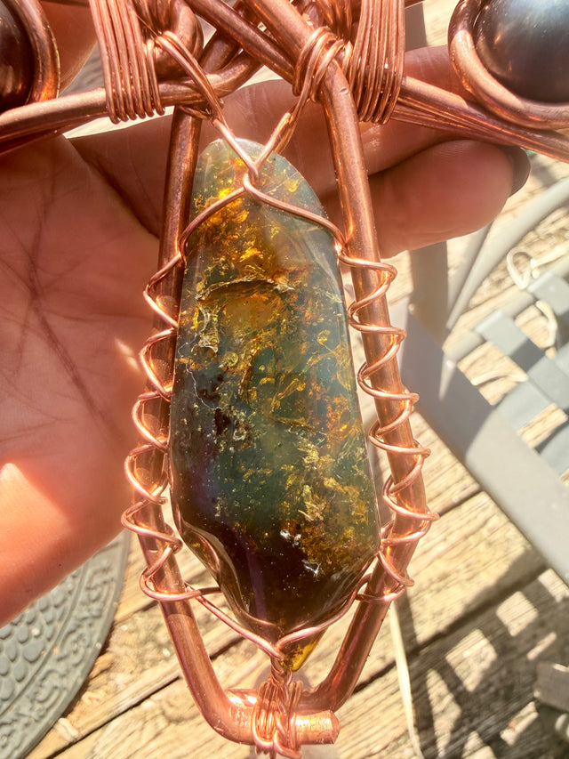 Amber and Magnetic Hematite Copper Crystal Handheld Ankh