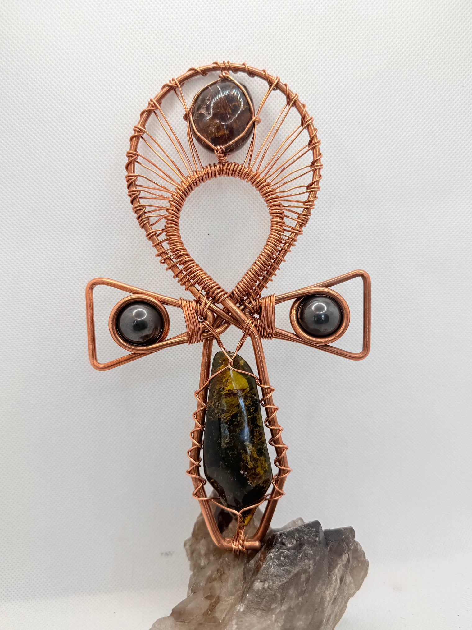 Amber and Magnetic Hematite Copper Crystal Handheld Ankh