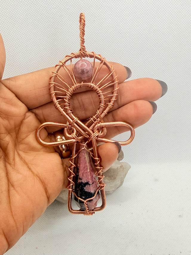 Rhodonite Wearable Copper Crystal Ankh