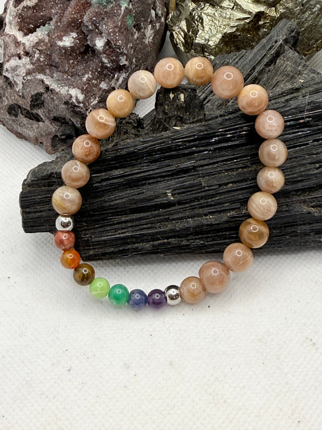 Peach Moonstone with Chakra Beads Stretchy Bracelet