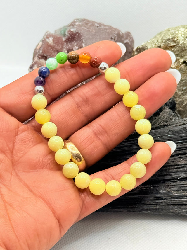 Yellow Serpentine with Chakra Beads Stretchy Bracelet
