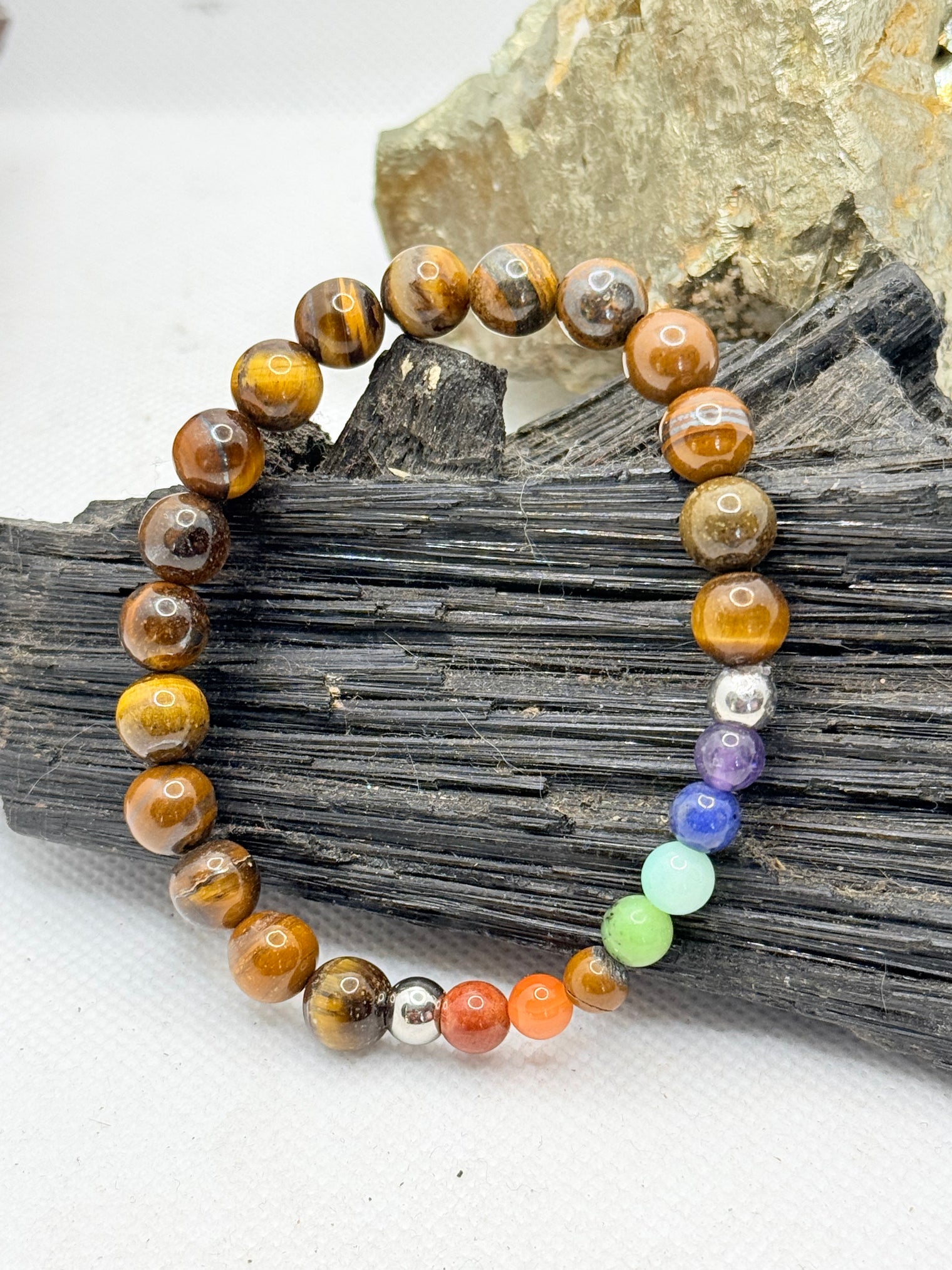Tigers Eye with Chakra Beads Stretchy Bracelet