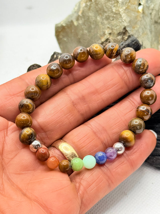 Tigers Eye with Chakra Beads Stretchy Bracelet
