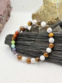 Tigers Eye and Howlite with Chakra Beads Stretchy Bracelet