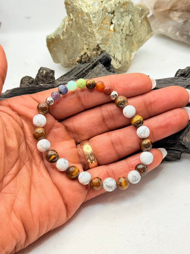 Tigers Eye and Howlite with Chakra Beads Stretchy Bracelet