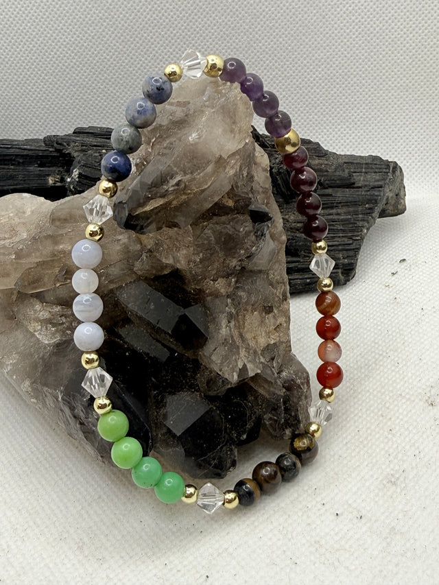 Chakra Anklet on Elastic Cord with Amethyst, Sodalite, Blue Lace Agate, Chrysoprase, Tiger Eye, Carnelian, Garnet or Red Jasper