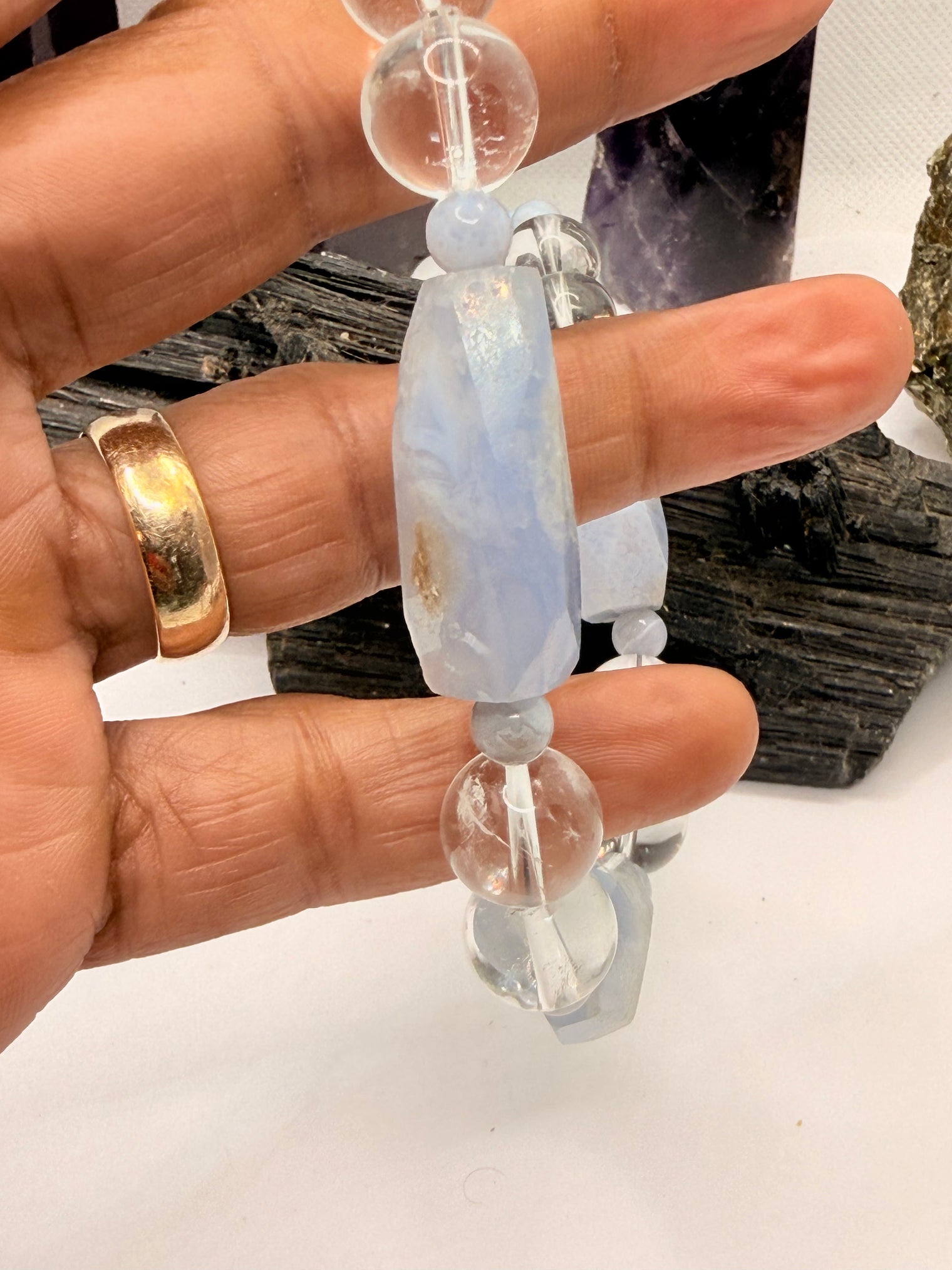 Blue Lace Agate with Clear Quartz Necklace 18 inch