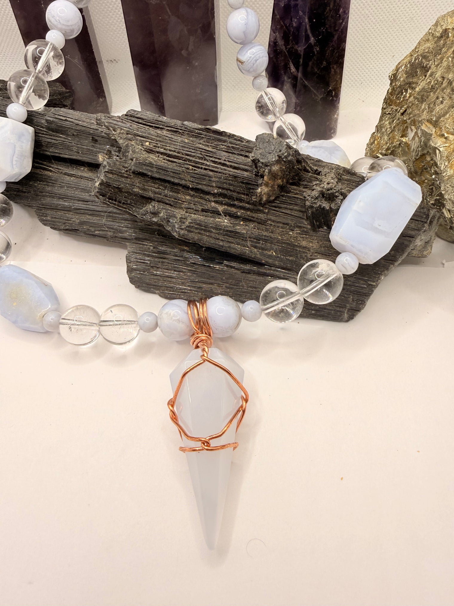 Blue Lace Agate with Clear Quartz Necklace and Blue Calchedony Pendant 22 Inches