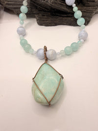 Blue Lace Agate with Amazonite Necklace and Amazonite Copper Wirewrapped Pendant 22 Inches