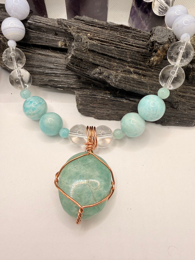 Blue Lace Agate , Clear Quartz with Amazonite Necklace and Amazonite Copper Wirewrapped Pendant 18 Inches